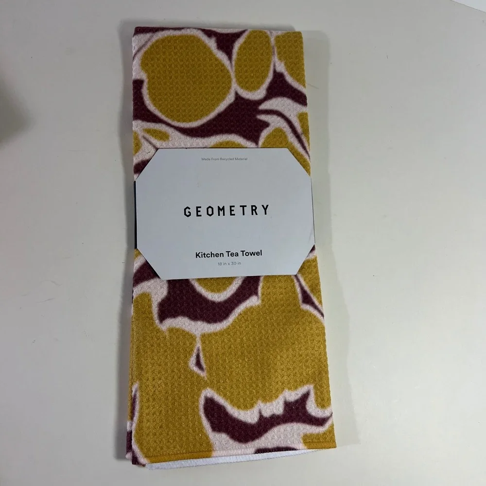 Geometry Tea Towel Abstract Floral Mustard Purple NIP 18 x 30